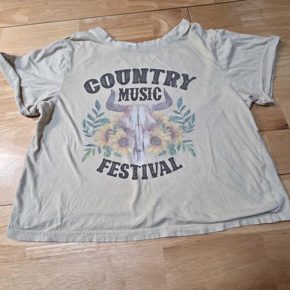 Awake Country Music Festival Tee Womens S Bull Skull Sunflower Western Crop Top